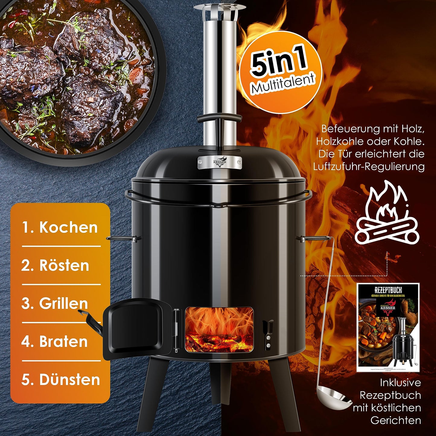 KESSER® Goulash Kettle Goulash Cannon | Dutch oven with grill function Oven Grill Kettle Grill + Chicken roaster 8L pan Goulash pot 17 liters enameled with lid for outdoor kitchen field kitchen