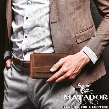MATADOR 2in1 genuine leather phone case belt with zipper pocket #Brisbane, with elegant gift box and RFID protection. Stylish leather phone belt for smartphones up to 6.9 inches in Vintage Brown.