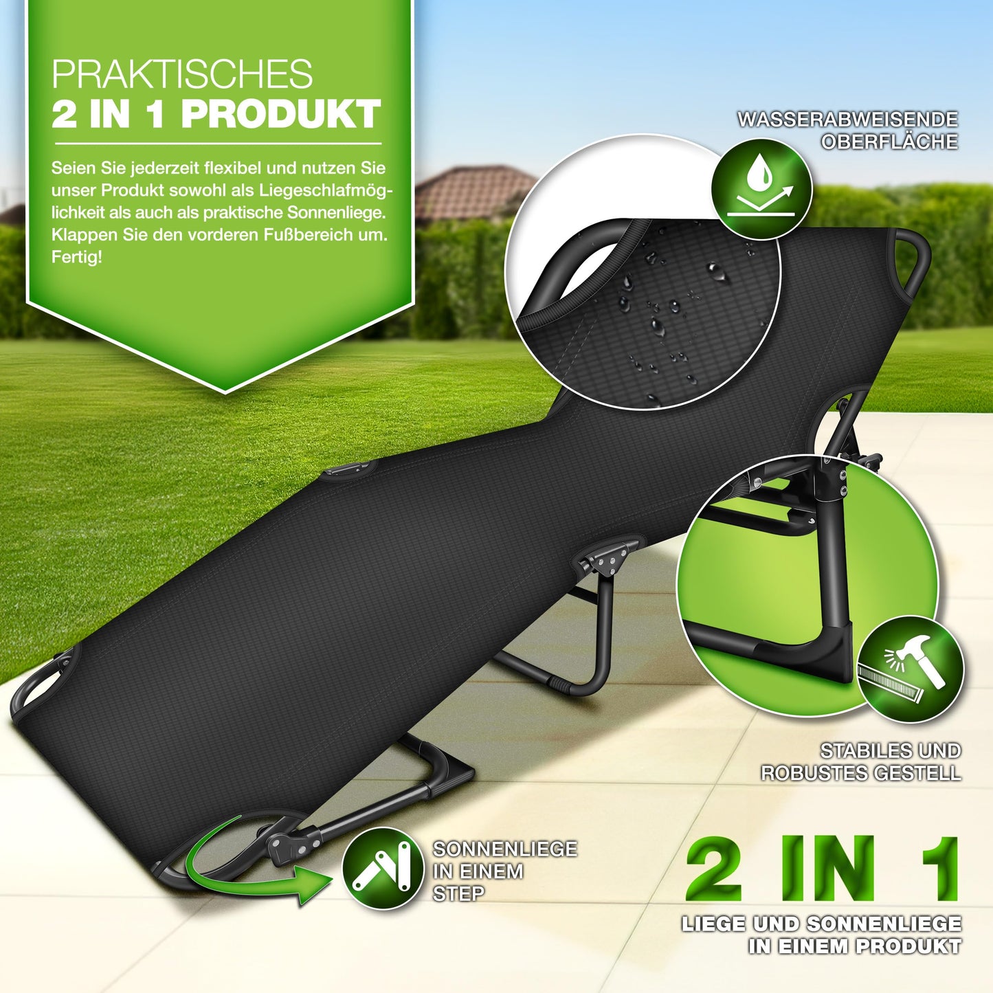 tillvex® Folding camping bed with neck pillow & side pocket up to 280 kg | Camping lounger sun lounger with padding | Field bed outdoor & indoor | Folding bed guest bed foldable garden camping festival travel