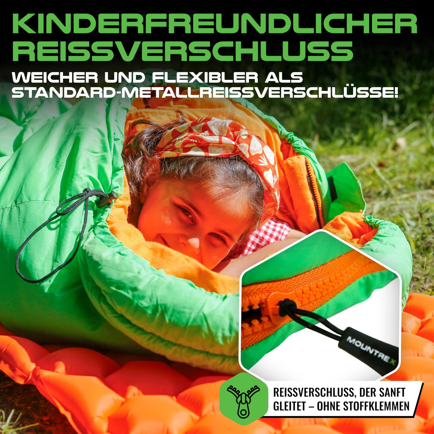 MOUNTREX Kids Sleeping Bag - Portable like a Backpack - Sleeping Bag for Children (175 x 70 x 45 cm) - Outdoor, Travel, Camping - Lightweight & Compact Mummy Sleeping Bag - 100% Cotton Interior.