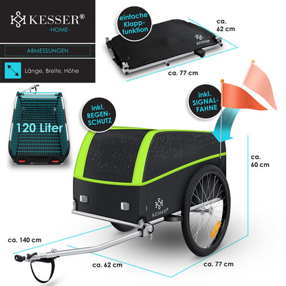 KESSER® bicycle trailer cargo trailer transport trailer high drawbar with coupler, incl. cover folding function high drawbar attaches to bicycle transport box with 120 liters max. 40 kg light green