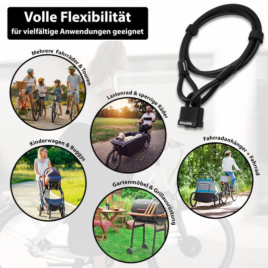 Kohlburg cable lock 2 meters long - lock with key easy to close - 2m loop cable for bike & garden furniture - steel cable 200 cm as bike lock, trailer & stroller