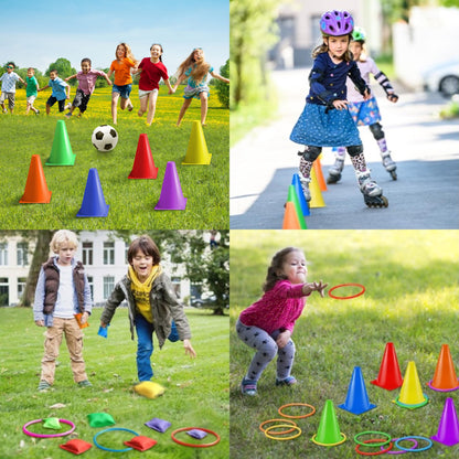 Eocolz Outdoor Games for Kids Cones Kids Cornhole Game Outdoor Ring Toss Games, Garden Toys Kids 3 in 1 Toss Game Carnival Game Set Plastic Cones Bean Bags for Kids Birthday Party