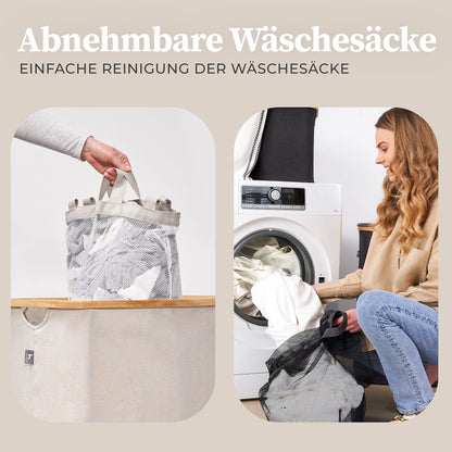 Henno's Laundry Box 150L - Laundry Basket 3 Compartments - Lid - Laundry Sorter with Laundry Bag - Laundry Baskets - Beige Bamboo - Laundry Bin - Laundry Sorting System - Laundry Collector