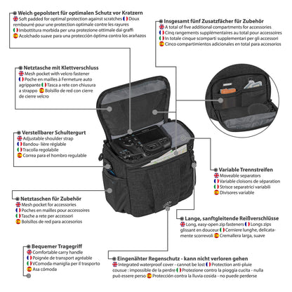 PEDEA DSLR camera bag "Fashion" with screen protector for Canon EOS 5D 5D Mark II 400D 2000D / Nikon D60 D80 D90 D3100 D3200 D3300 D3400 D5300 D7100 / Pentax K 30 K 50 K 500, size L in black.