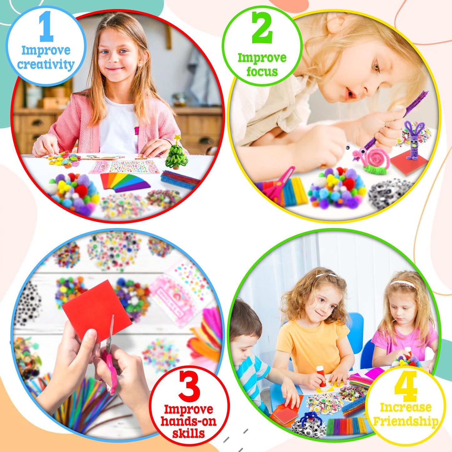 LINAYE 3000+ pcs crafting set for kids includes pom poms, pipe cleaners, and scrapbooking materials. Perfect gift for boys and girls aged 4 to 10. Crafting essentials in a pink carrying case.