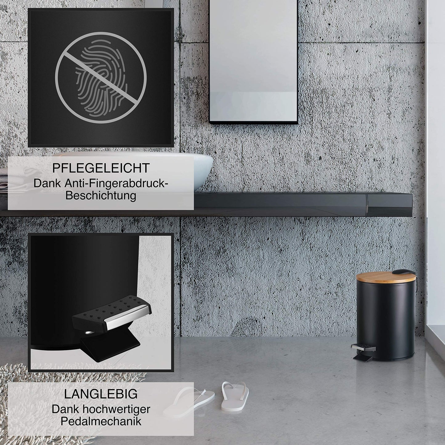 VMbathrooms 3L cosmetic bin in chic black design | Step trash can with soft close lid | Elegant bin for the bathroom with inner container and bamboo wood lid