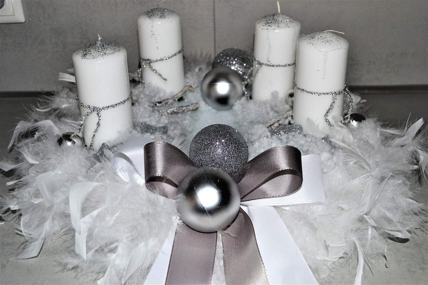 White silver advent wreath 40 cm artificial Christmas decoration with feathers
