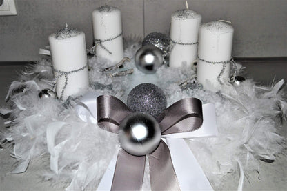 White silver advent wreath 40 cm artificial Christmas decoration with feathers