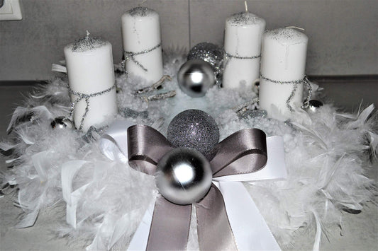 White silver advent wreath 40 cm artificial Christmas decoration with feathers
