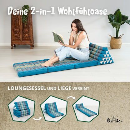 livasia Thai cushion 3 layers extra high - 185x55x8cm - triangular cushion with folding mattress, kapok, jumbo backrest pillow foldable, Thai mat folds, handmade, meditation cushion (light blue)