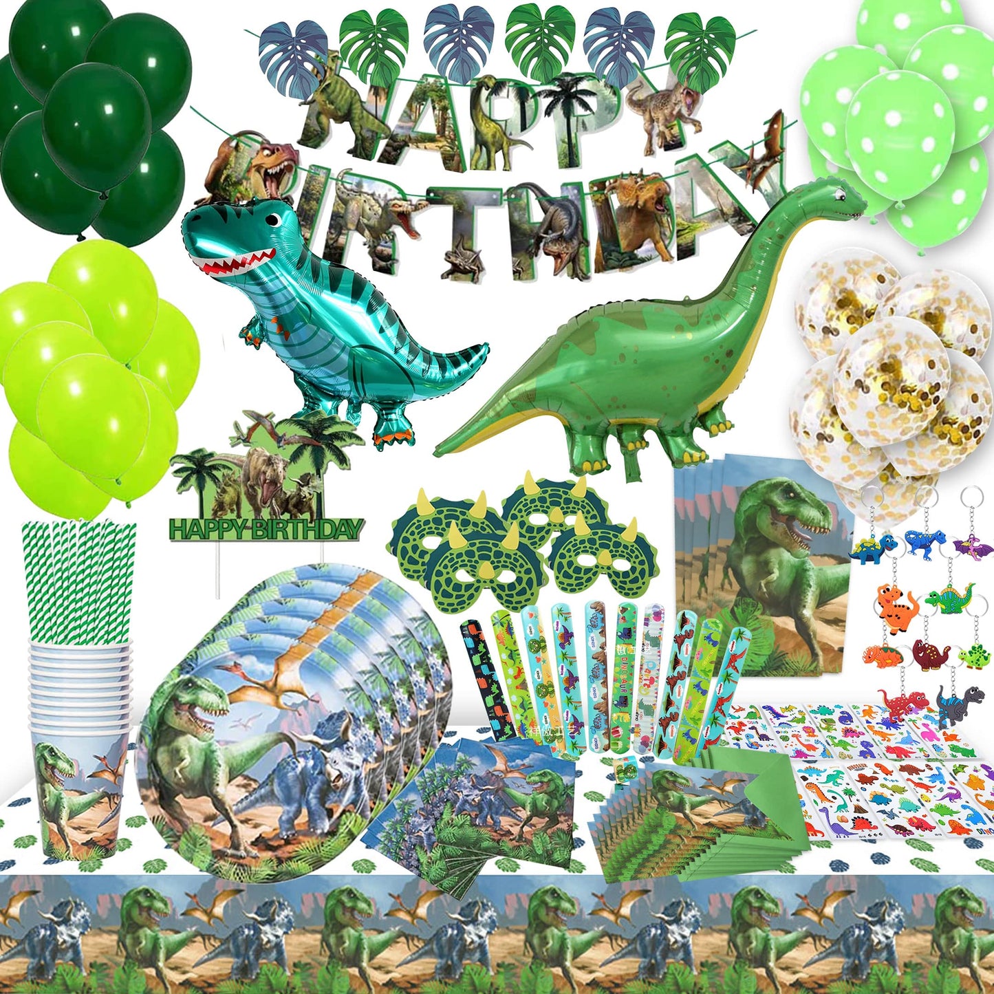 Bea's Party Dino decorations for children's birthday, party plates with Dino design, invitation cards for boys' birthday party with dinosaurs, cake decoration with Dino napkins, Dino piñata.