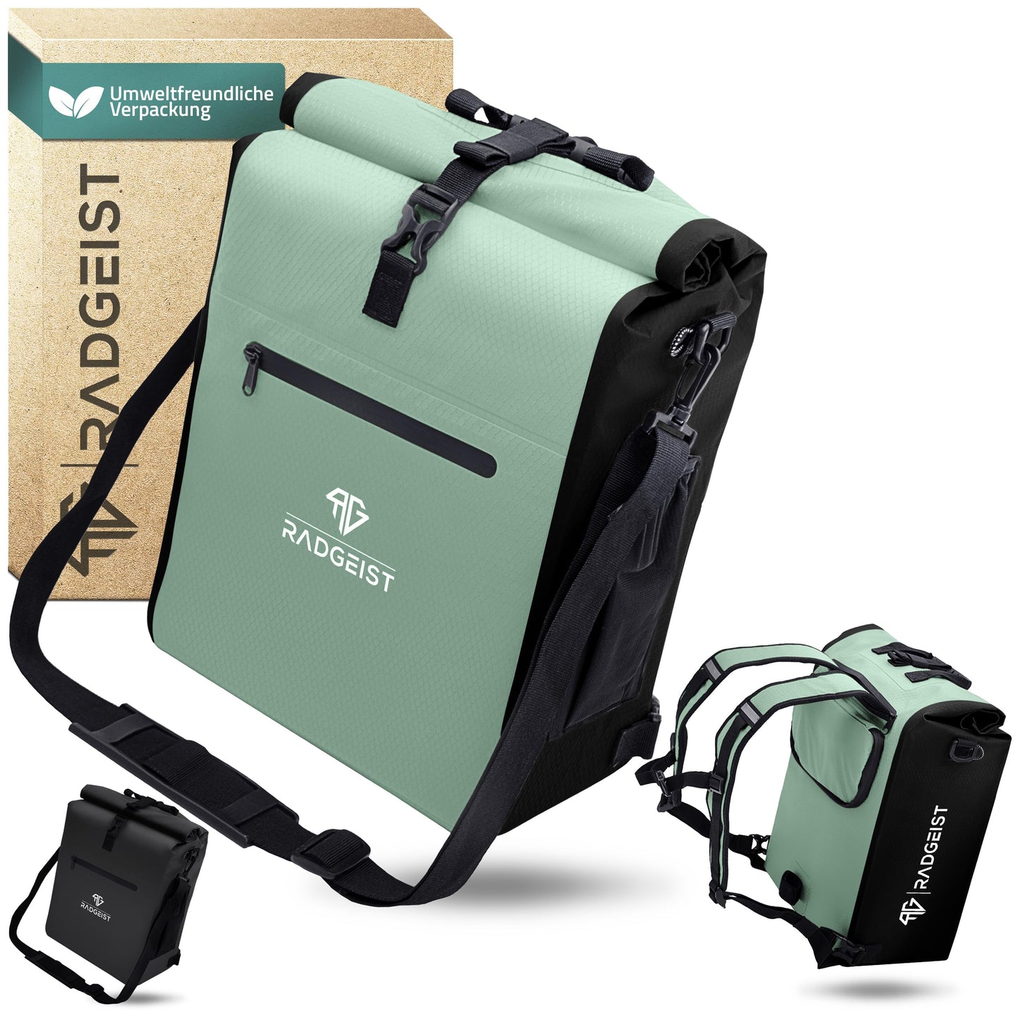 RADGEIST 3in1 bike bag for luggage rack - bike backpack - luggage rack bag - shoulder bag - with laptop compartment - waterproof - 25L - mint