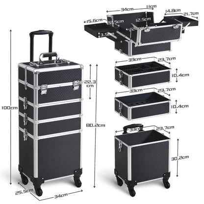 Yaheetech 5-in-1 hard shell cosmetic case, lockable makeup case, large hairdresser case with 360° rotating wheels, ample storage