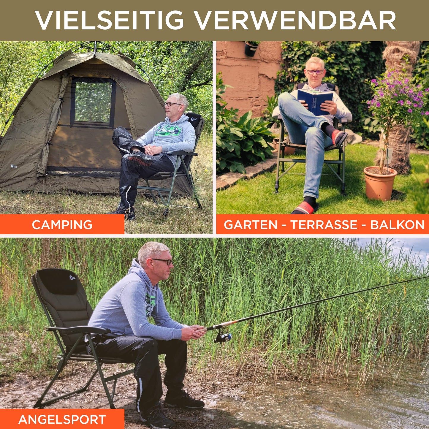 Q-Tac fishing chair 150 kg [Sturdy, comfortable & durable] Carp chair foldable with Adjustable backrest & extra-large mud feet - Fishing chair with highest seating comfort, Angler chair, Camping chair