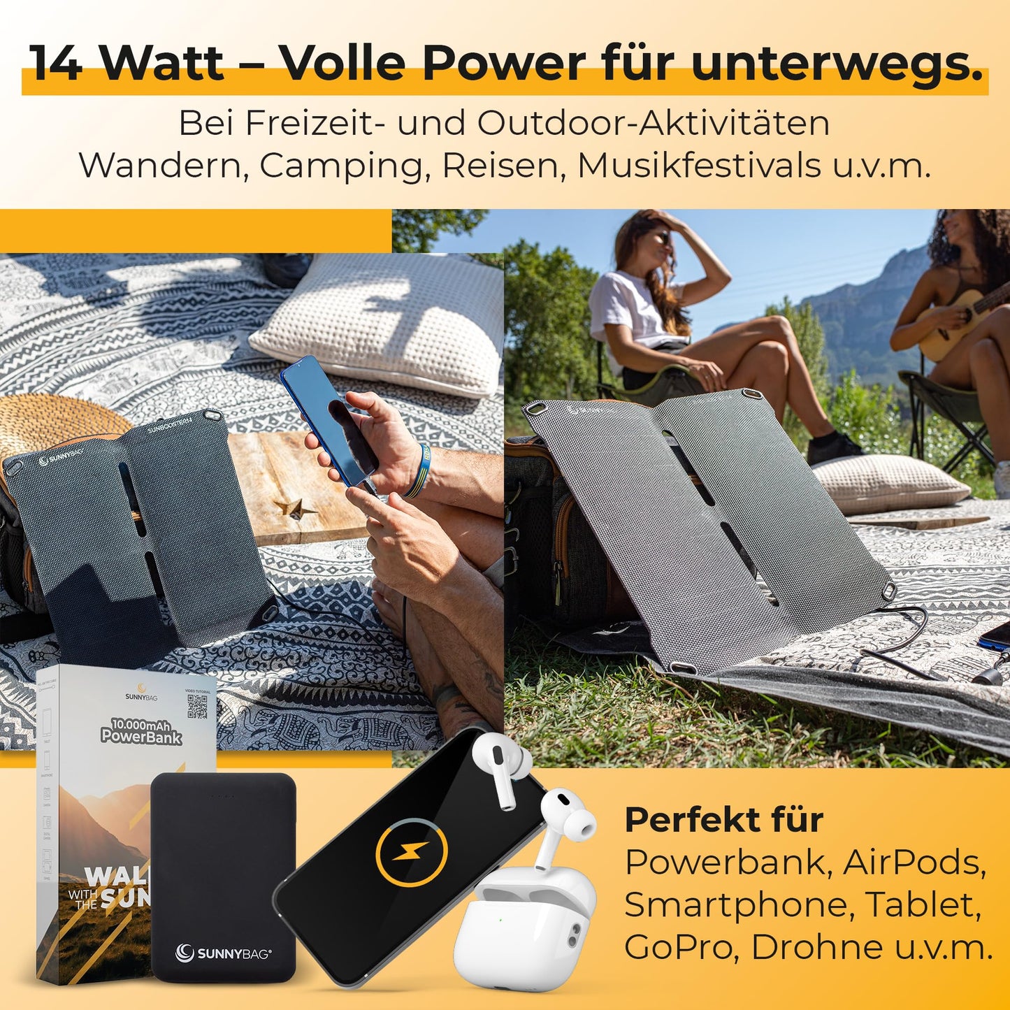 Sunnybag® SUNBOOSTER 14 Solar Panel [Foldable & Efficient!] - Solar Charger (Waterproof & Robust) - Solar Panel with 2X USB for Hiking, Camping & Outdoor - perfect for Phone & Powerbank (14W Power)