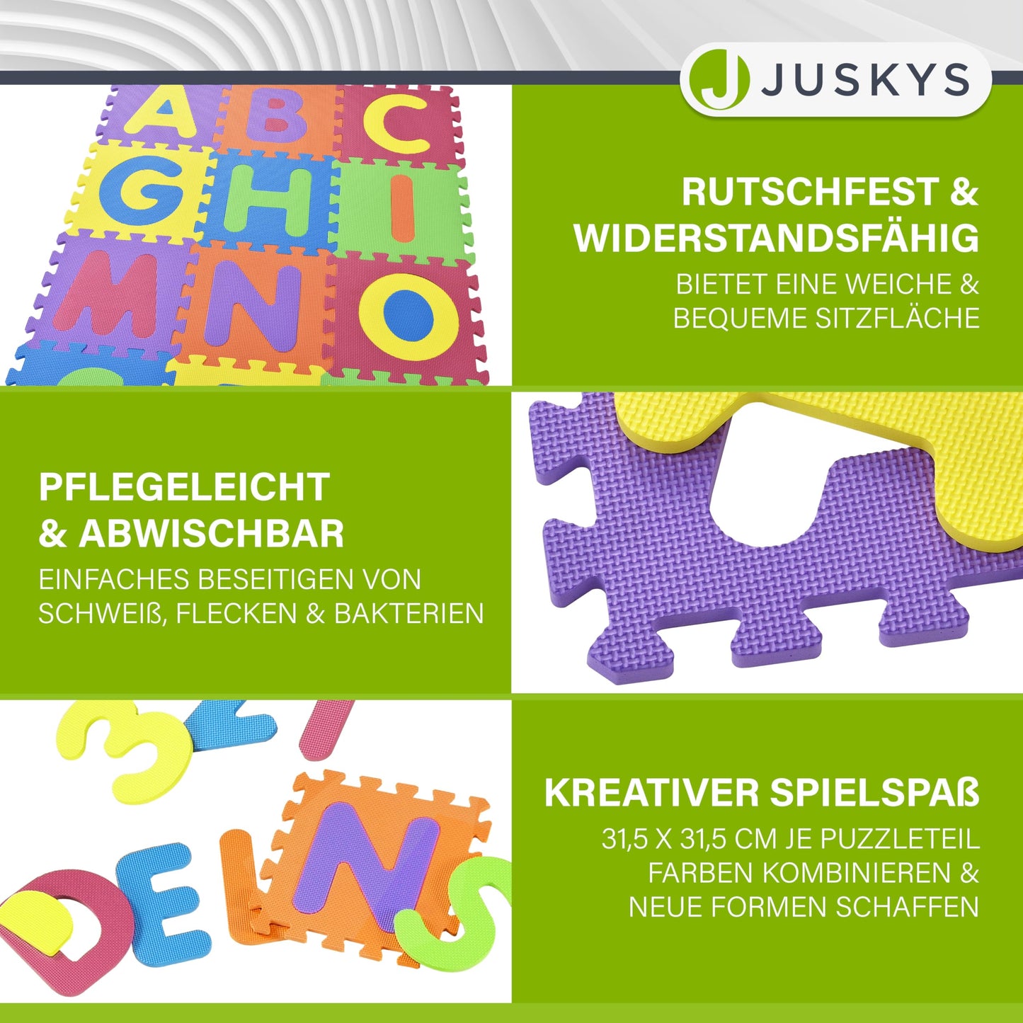 Juskys Kids puzzle mat Kim 36 pieces with letters A-Z & numbers 0-9 - non-slip & wipeable puzzle from 10 months - Eva foam - play mat