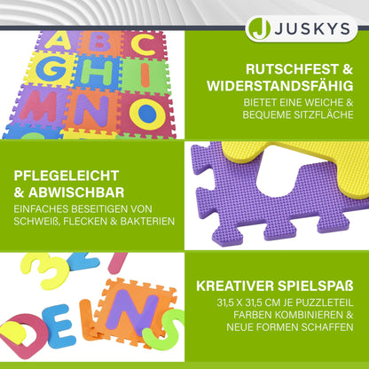Juskys Kids puzzle mat Kim 36 pieces with letters A-Z & numbers 0-9 - non-slip & wipeable puzzle from 10 months - Eva foam - play mat