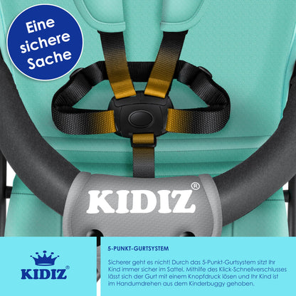 KIDIZ® City Buggy is a foldable sports stroller with 360° swivel 4-inch wheels, sun and rain covers, and a 5-point safety harness. Suitable for kids over 6 months, in mint green.