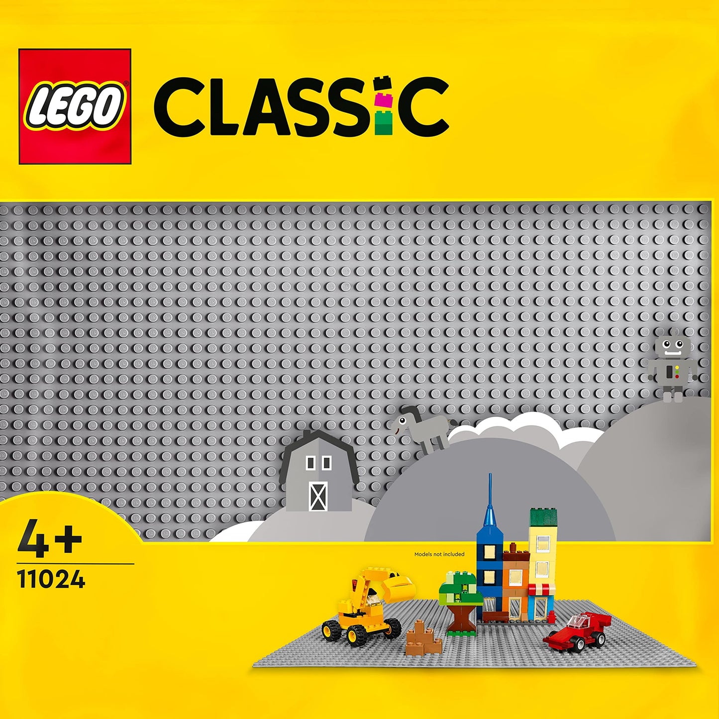 LEGO 11024 Classic Gray Baseplate, square baseplate with 48x48 studs & 11023 Classic Green Baseplate, square baseplate with 32x32 studs as a base for constructions.