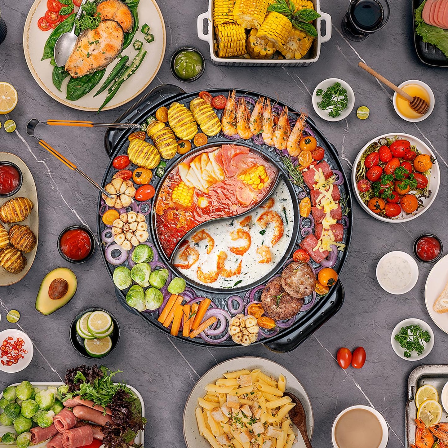 Food Party Hot Pot and Tabletop Electric Grill 220V 2200W 2 in 1 Electric Hot Pot Indoor Korean BBQ Grill Thai Barbecue Fondue Raclette XXL for 8 People
