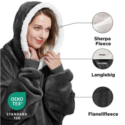 BEDSURE Hoodie Blanket with Sleeves and Hood - Sherpa Blanket Sweatshirt as Gifts for Women, Oversized Cozy Sweater for Ladies, Wearable Blanket for Adults Anthracite 95x83 cm
