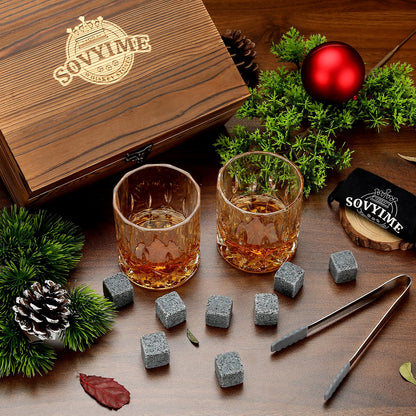 Whiskey Glass Gift Set, Whiskey Stones, Whiskey Gift Sets for Men, 8 Whiskey Stones 2 Crystal Whiskey Glasses Wooden Box Gift, Birthday Gifts for Men, Dad, Husband Valentine's Day (Round)