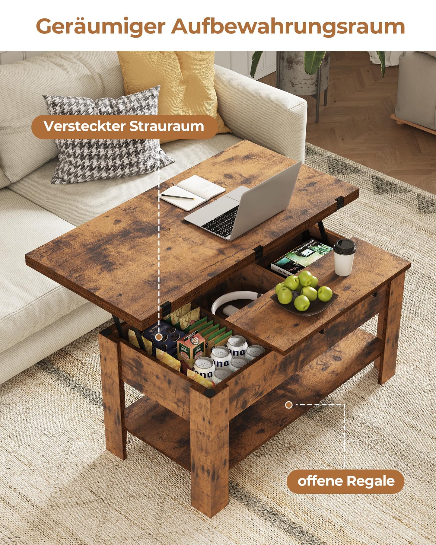 Height-adjustable coffee table, 3-in-1 multifunctional living room table with hidden storage, open shelf, and can be used as a dining table. Perfect for living room, office, in brown color.