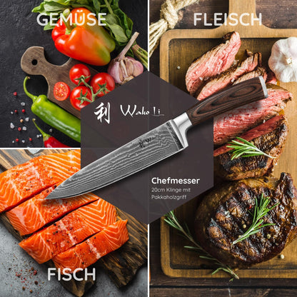Wakoli EDIB Damascus Chef's Knife 20 cm | Sharp kitchen knife with 67 layers of damascus steel & VG10 core | Ergonomic pakkawood handle | Professional chef's knife in gift box - For precise cuts in the kitchen.