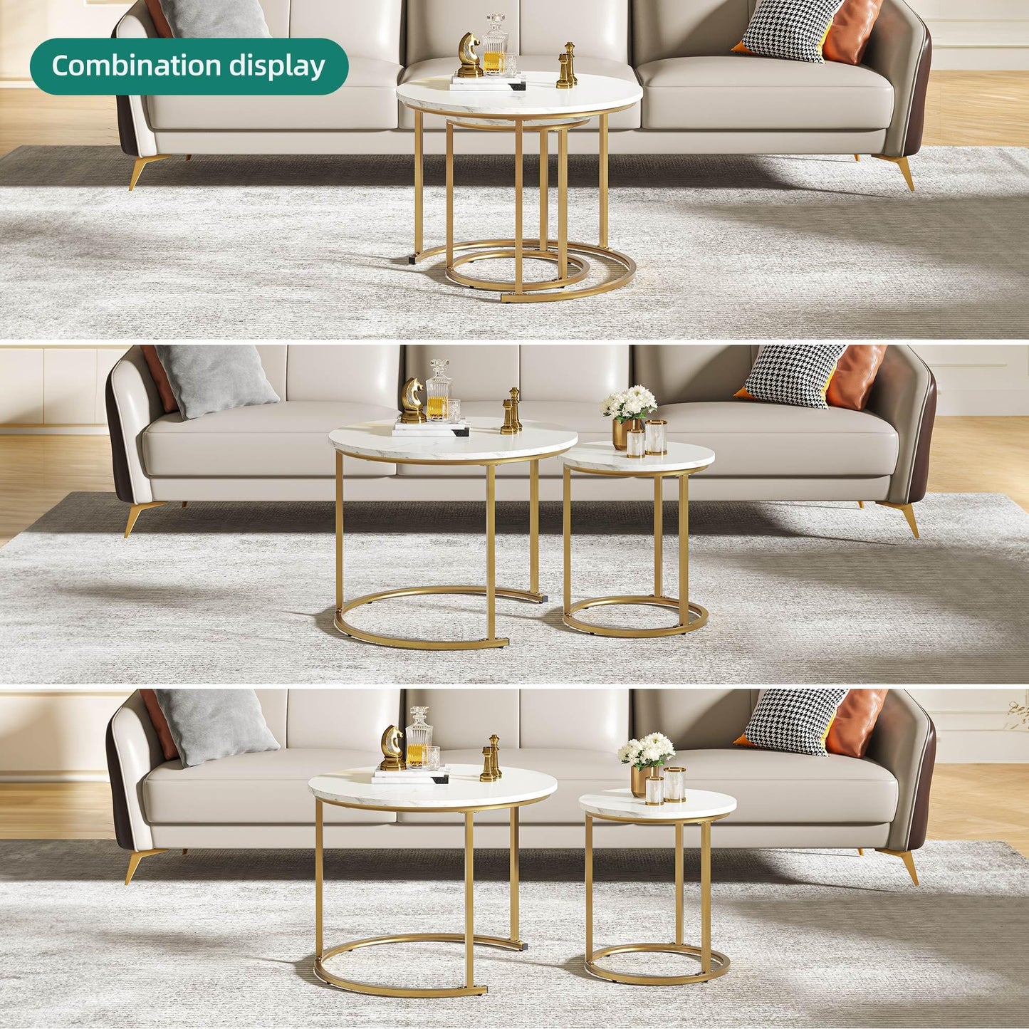 YITAHOME 2-piece Round Coffee Table Set, Modern Living Room Table, Stackable, with Storage Space, Wood Top, Metal Frame, Side Table, Cocktail Tea Center Table for Living Room, Home Office, White