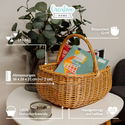 Creative Home shopping basket woven with handle picnic basket | 36 x 26 x 31 cm (+/- 2 cm) | Handmade | Natural brown | Versatile and durable Large woven Easter basket