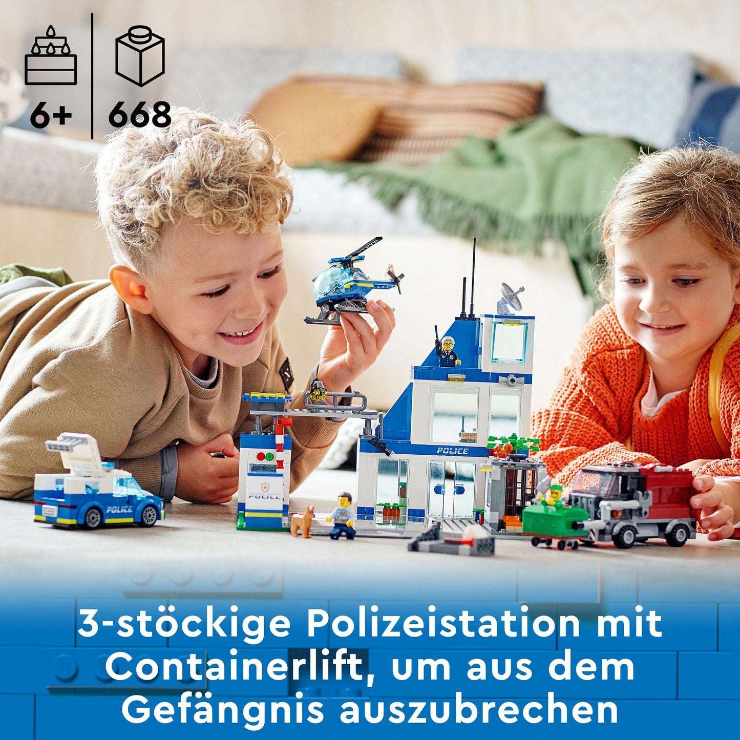 LEGO City Fire Station with ladder truck, fire playset & City Police Station with police car, garbage truck, and helicopter.