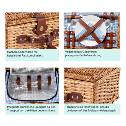 Enjoy willow wicker picnic basket for 2 with cooler & accessories – picnic set with utensils, porcelain plates, wine glasses – for camping, wedding & gift idea – BLUE