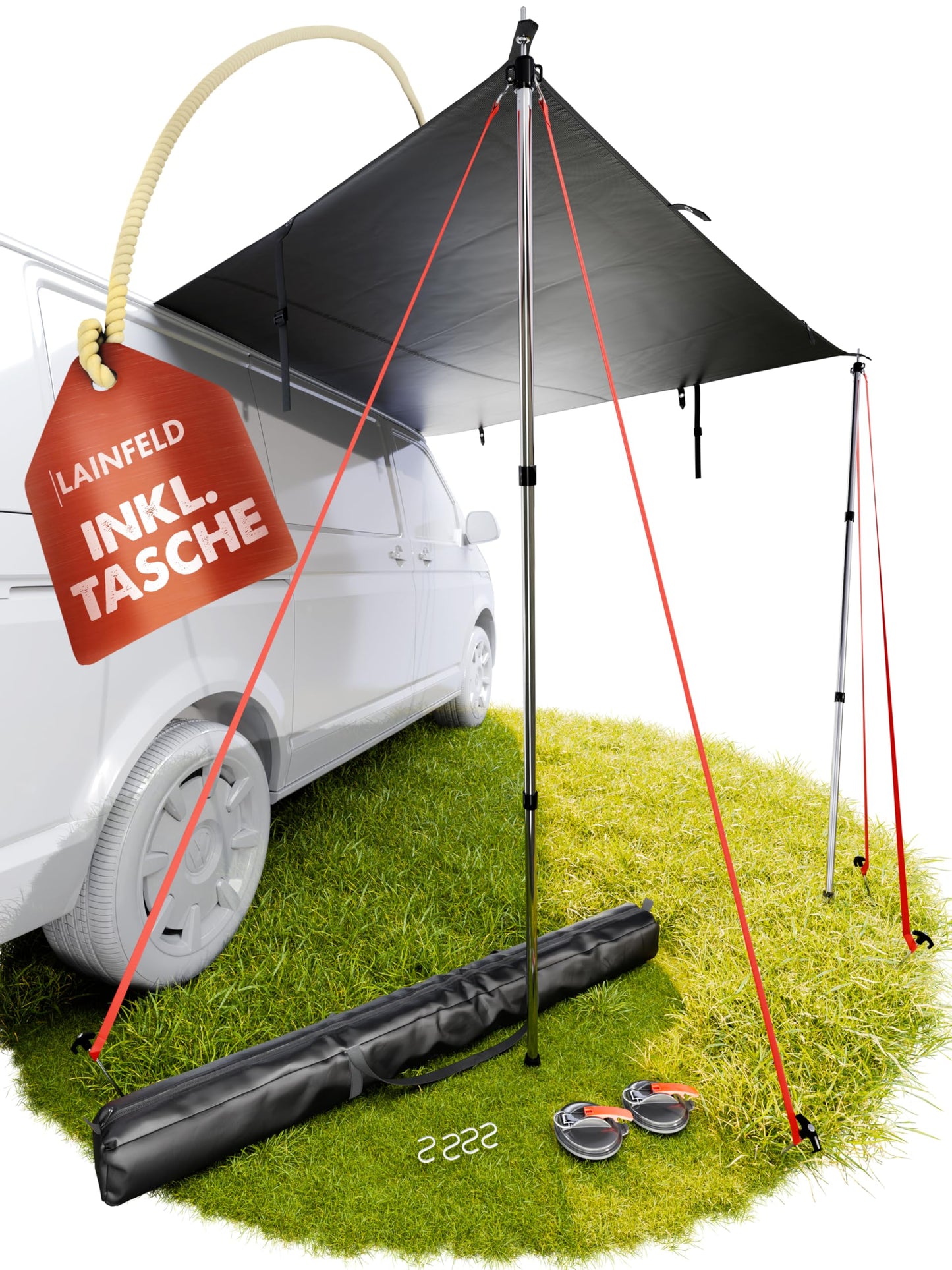 LAINFELD awning for car | 2.2 x 2.5 m sunshade with 3 x keder and 2 x telescopic pole | sunshade camping bus awning car camper keder