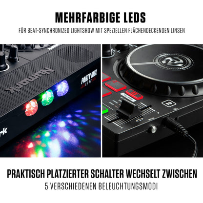 Numark Party Mix Live + HF 125 - DJ Controller set with built-in speakers, light show, mixer, and DJ headphones.