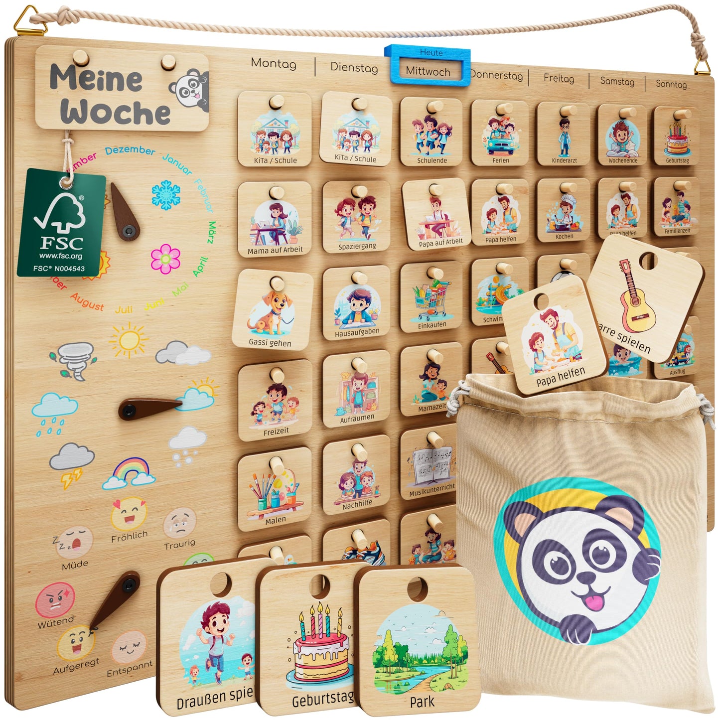 PANDABANDE® Premium Weekly Planner Kids [Emotions, Weather, Months] - 100% FSC®-certified wooden toy - Ideal weekly schedule for children, daily planner, routine planner, kids calendar