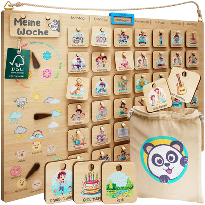 PANDABANDE® Premium Weekly Planner Kids [Emotions, Weather, Months] - 100% FSC®-certified wooden toy - Ideal weekly schedule for children, daily planner, routine planner, kids calendar