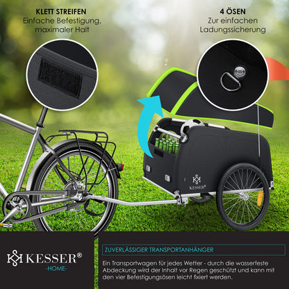 KESSER® bicycle trailer cargo trailer transport trailer high drawbar with coupler, incl. cover folding function high drawbar attaches to bicycle transport box with 120 liters max. 40 kg light green