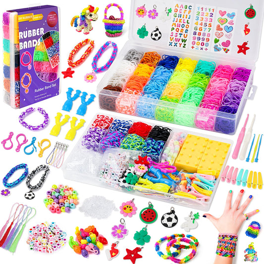 10,000+ Loom Bands Set, 2-Layer Colorful Rubber Bands Kit for Bracelets, DIY Elastic Loom Bands Crafting for Kids with Beads, Hooks, Charms, Storage Box, Beginner Gift for Boys and Girls