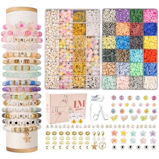 Beads for threading, 8500+ pieces bead set, 6mm polymer clay beads for bracelets, 2 boxes bracelet making with letters, bracelet jewelry making kit for rings necklaces gift.