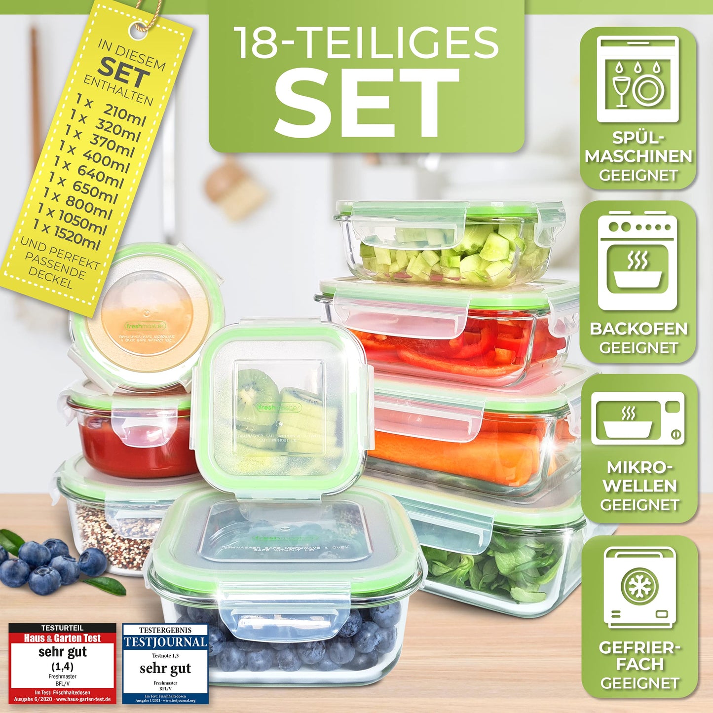 Fresh Master Glass Food Storage Container Set - Review: EXCELLENT - 100% leak-proof + airtight glass storage containers with lids I Glass meal prep boxes I Glass storage box (18 pieces)