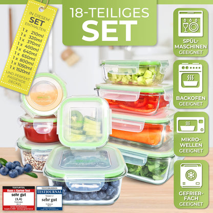 Fresh Master Glass Food Storage Container Set - Review: EXCELLENT - 100% leak-proof + airtight glass storage containers with lids I Glass meal prep boxes I Glass storage box (18 pieces)