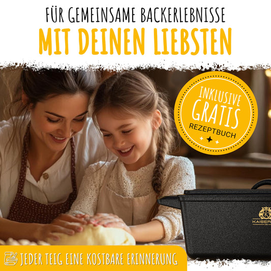 KAISERTAL Cast Iron Bread Baking Pan with Lid 28cm - Sturdy cast iron pot for baking bread - Ideal as bread mold, bread pot, loaf pan and bread baking molds - including baking accessories