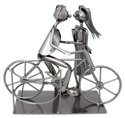 BRUBAKER wine bottle holder pair with bicycle decorations, metal bottle stand with greeting card for wine gift.
