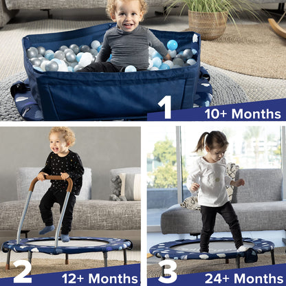 smarTrike Indoor Toddler Trampoline with Handle, Foldable Kids Trampoline, 1-5 Years (Ball Pit and Trampoline, Navy)