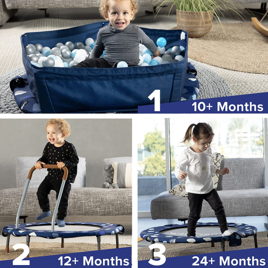 smarTrike Indoor Toddler Trampoline with Handle, Foldable Kids Trampoline, 1-5 Years (Ball Pit and Trampoline, Navy)