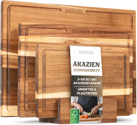 EDLEHOUSE Cutting Board Wood 3pc Set (40x30cm / 33x24cm / 26x18cm) Solid Acacia Wood Cutting Board - 2cm thick kitchen cutting boards with juice groove - Design Cutting Board Set