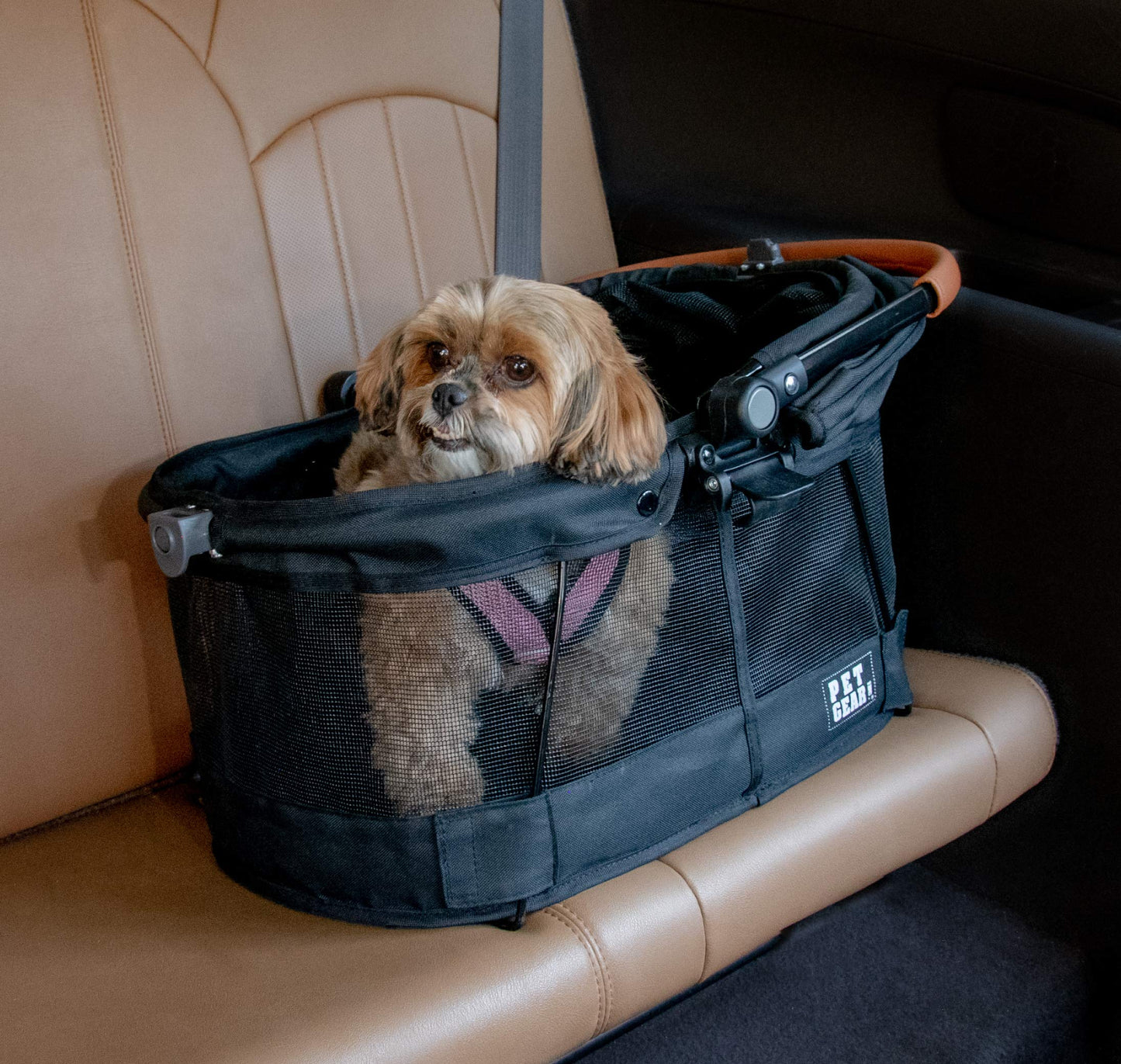 Pet Gear View 360 Pet Carrier & Car Seat with booster seat frame for small dogs & cats, mesh ventilation, snap-on operation, no tools required.