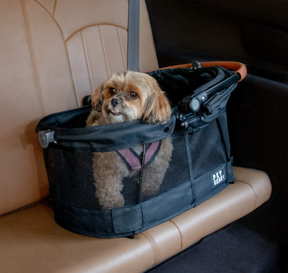 Pet Gear View 360 Pet Carrier & Car Seat with booster seat frame for small dogs & cats, mesh ventilation, snap-on operation, no tools required.