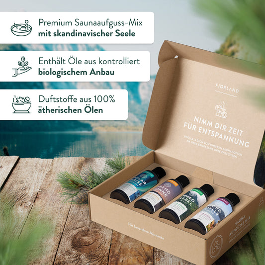 Fjorland Sauna infusion Set organic 4 x 100 ml sauna scents gift set - Essential sauna infusions in high-quality gift box